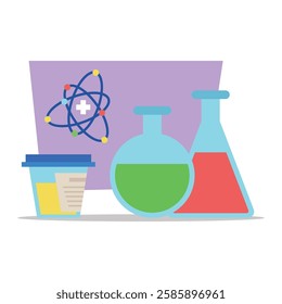 Laboratory setup with various glassware with colored liquids, cup, and scientific symbol. Health and wellness research activities concept