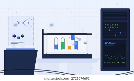 El laboratorio muestra la configuración con tubos de ensayo que contienen diferentes sustancias, una pantalla de análisis de datos y gráficos. El equipo indica las actividades de investigación científica en curso.