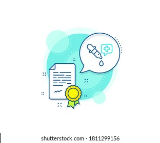 Laboratory sign. Certification complex icon. Chemistry pipette line icon. Analysis lab symbol. Certificate or diploma document. Chemistry pipette sign. Vector