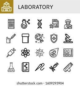 laboratory simple icons set. Contains such icons as Hospital, Needle, Flask, Dna, Virus, Scientist, Vaccine, Sample tube, Discovery, Medical, can be used for web, mobile and logo