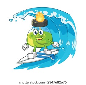 the laboratory spirit lamp surfing character. cartoon mascot vector