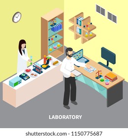 Laboratory staff with equipment during checking food from restaurant isometric composition vector illustration