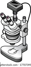 A laboratory stereoscopic microscope on an adjustable stand. With an attached digital camera and light ring.