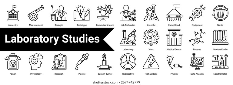 Colección y conjunto de iconos de estudios de laboratorio que contiene: Ciencia, experimento, prueba de sangre, biorreactor, centrífuga, vaso de precipitados, reactivo, escuela de medicina, flujo de aire, observación, polímero, trazabilidad, explosivo, médico,