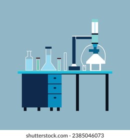 Laboratory table with chemical bottles and test tubes, vector illustration