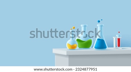 Laboratory table with glass beackers of different shapes and with coloured liquid, 3d render icon