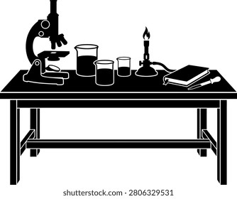 Laboratory table with microscope and burning burner flame