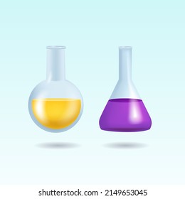 Laboratory tableware 3d realistic vector set isolated on a white background. Graduated laboratory test tube, beaker and flask filled with liquids of different colors, Equipment for chemical samples