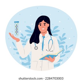 Un técnico de laboratorio examina el ADN humano. Día Mundial del Laboratorio. 23 de abril. Día Nacional del ADN. 25 de abril.