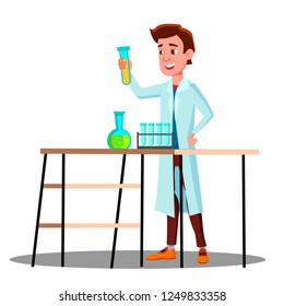 Laboratory Technician Guy Growing Medicinal Vector. Isolated Cartoon Illustration