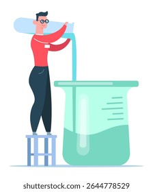 Laboratory technician pouring liquid into a beaker while balancing on a stool, engaged in a detailed scientific experiment or analysis within a bustling lab environment