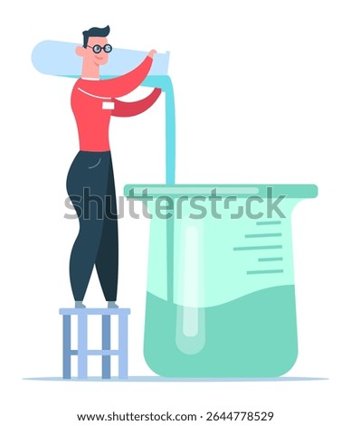 Laboratory technician pouring liquid into a beaker while balancing on a stool, engaged in a detailed scientific experiment or analysis within a bustling lab environment