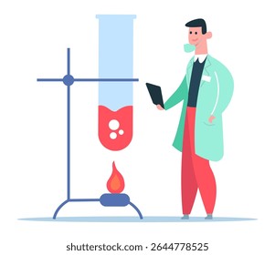 Técnico de laboratório vestindo jaleco e máscara, aquecendo um tubo de ensaio contendo um líquido fervente vermelho com um queimador de bunsen e tomando notas em um comprimido, conduzindo experimento científico