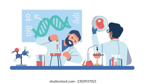 Los técnicos de laboratorio cultivan artificialmente carne cruda de células animales en placas y frascos de petri. Trabajadores científicos o médicos en el laboratorio. Pruebas médicas. Plano de caricatura aislado