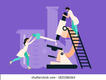 Diseño conceptual de pruebas de laboratorio. Doctoras que estudian un virus bajo un microscopio. Vacuna, pancarta sérica de dibujos animados.