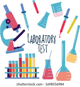 Equipo de pruebas de laboratorio. Tubos de prueba, microscopio. Cartel para una empresa farmacéutica, laboratorio científico, institución médica. Elementos dibujados a mano 