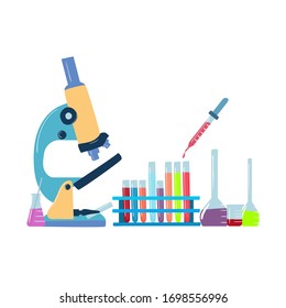 Laboratory test equipment. Test tubes, microscope. Banner for a pharmaceutical company, scientific laboratory, medical institution. Hand drawn elements 