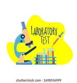 Laboratory test equipment. Test tubes, microscope. Banner for a pharmaceutical company, scientific laboratory, medical institution. Hand drawn elements 