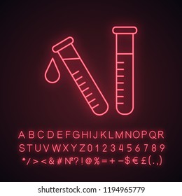Laboratory test neon light icon. Lab diagnostics. Chemical research. Test tubes. Scientific laboratory. Glowing sign with alphabet, numbers and symbols. Vector isolated illustration