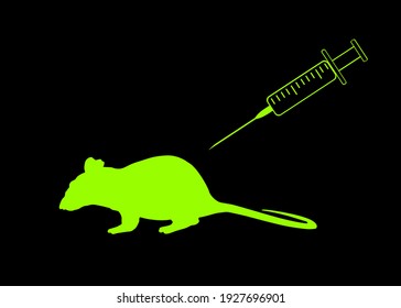 Laboratory test, syringe and rat vector silhouette illustration isolated. Medical animal vaccine testing experiment. Injection with virus. Research into the effects of a new drug.