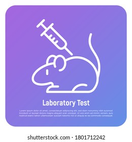 Laboratory test thin line icon. Animal testing: syringe and rat. Medical experiment. Vector illustration.