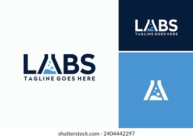 Laboratory Test Tube Flask Glassware with Liquid Bubble as Letter A for Lab word mark logotype typography logo design