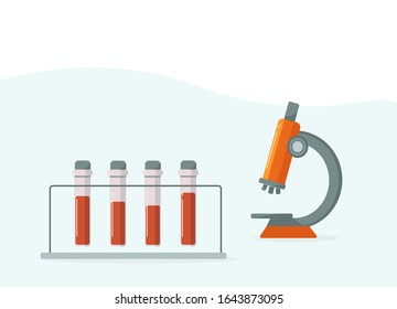 Laboratory test tubes with blood and microscope for experiment in a science research lab.  Creation of coronavirus vaccine. Vector. Copy space 