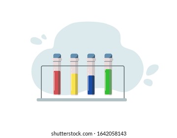 Laboratory test tubes with colorful liquid reagents  for experiment in a science research lab. Vector illustration. Copy space 