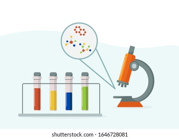 Laborteströhren mit farbigen flüssigen Reagenzien, Mikroskop und Molekülen, die in einem wissenschaftlichen Forschungslabor experimentiert werden. Kopiert Platz. Vektorillustration