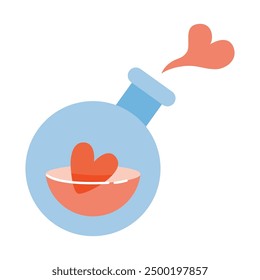Laboratory test tubes with a heart inside. Transparent glassware with chemical reagents. Experiment equipment for chemistry lessons. Vector illustration isolated on white, flat design