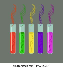 Laboratory test tubes with multicolored liquid and vapors. Vector illustration.