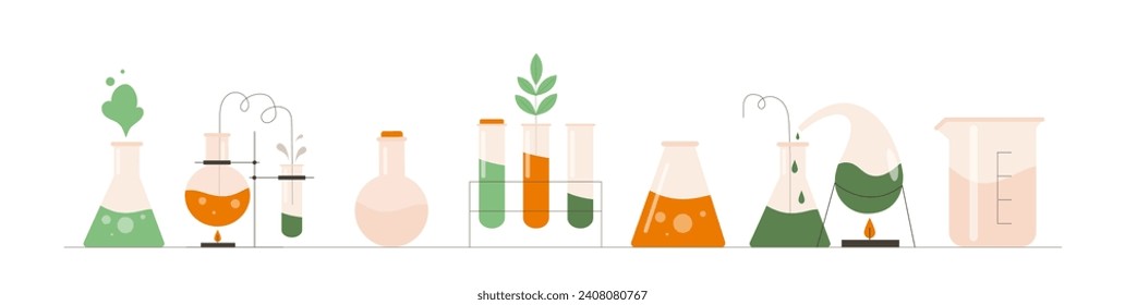 Tubos de prueba de laboratorio. Equipo para laboratorio químico. Flks con reactivos. Educación, aprendizaje y formación. Experimentos científicos. Colección vectorial plana de dibujos animados aislada en fondo blanco