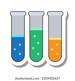 Laboratory test tubes with solutions. Liquid for experiments. Laboratory equipment for analyses and experiments concept. Flat paper sticker isolated on white background