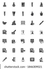Juego de iconos vectoriales de prueba de laboratorio, colección moderna de símbolos sólidos, paquete de pictogramas estilo relleno. Señales, ilustración del logotipo. El conjunto incluye iconos como tubo de prueba médico, vaso de esperma, ecg, sangre, ultrasonido