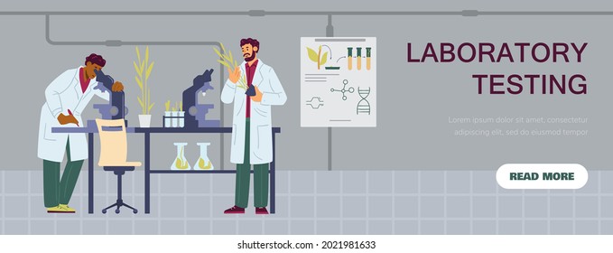 Plantilla de banner del sitio web de pruebas de laboratorio con caracteres científicos, ilustración vectorial plana. Laboratorio biológico orgánico y biotecnología para la agricultura.