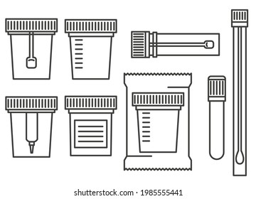 Laboratory tests containers. Test urine, biomaterial, feces, semen, and blood in plastic jars with lids. Outline vector illustration on white background.