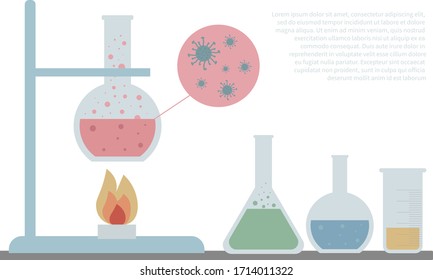 Laboratory tests for finding a vaccine. Test tubes of various shapes and sizes with liquids inside. Virus prevention. Flat vector illustration.
