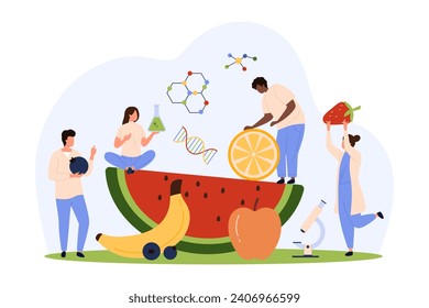 Laboratory tests of fruit quality and safety control. Tiny people research agriculture food products with microscope, check nutrition standards on quality lab inspection cartoon vector illustration