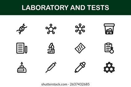 Laboratory and Tests Icon Set Featuring Vector Medical Equipment, Test Tubes, Microscope, and Science Symbols