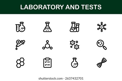 Laboratory and Tests Icon Set Featuring Vector Medical Equipment, Test Tubes, Microscope, and Science Symbols