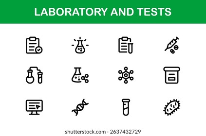 Laboratory and Tests Icon Set Featuring Vector Medical Equipment, Test Tubes, Microscope, and Science Symbols