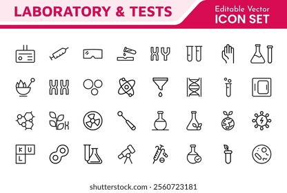Laboratory and Tests Icon Set. A precise collection of icons for scientific testing and research, perfect for enhancing educational materials, lab websites, and health applications.