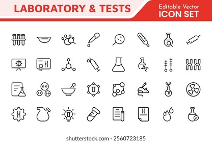 Laboratory and Tests Icon Set. A precise collection of icons for scientific testing and research, perfect for enhancing educational materials, lab websites, and health applications.