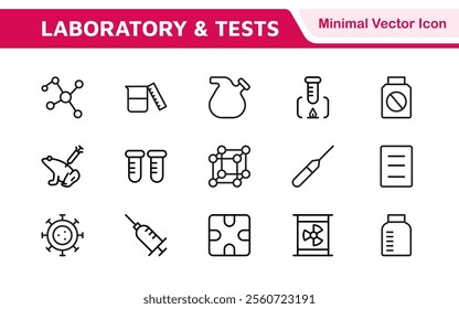 Laboratory and Tests Icon Set. A precise collection of icons for scientific testing and research, perfect for enhancing educational materials, lab websites, and health applications.