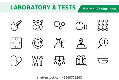 Laboratory and Tests Icon Set. A precise collection of icons for scientific testing and research, perfect for enhancing educational materials, lab websites, and health applications.