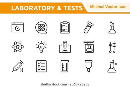 Laboratory and Tests Icon Set. A precise collection of icons for scientific testing and research, perfect for enhancing educational materials, lab websites, and health applications.
