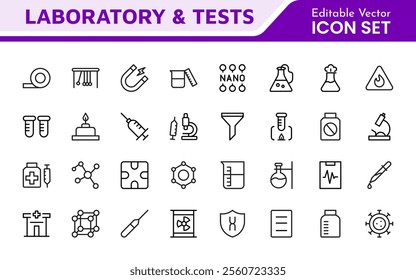 Laboratory and Tests Icon Set. A precise collection of icons for scientific testing and research, perfect for enhancing educational materials, lab websites, and health applications.