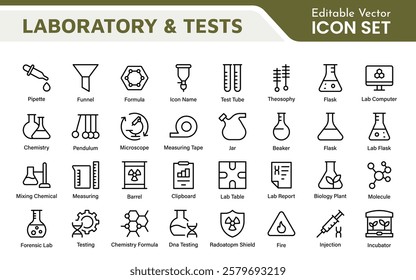 Laboratory and Tests Icon Set. A precise collection of icons for scientific testing and research, perfect for enhancing educational materials, lab websites, and health applications.