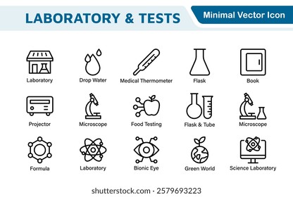 Laboratory and Tests Icon Set. A precise collection of icons for scientific testing and research, perfect for enhancing educational materials, lab websites, and health applications.