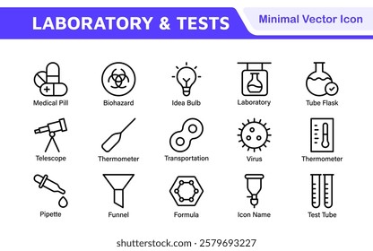 Laboratory and Tests Icon Set. A precise collection of icons for scientific testing and research, perfect for enhancing educational materials, lab websites, and health applications.